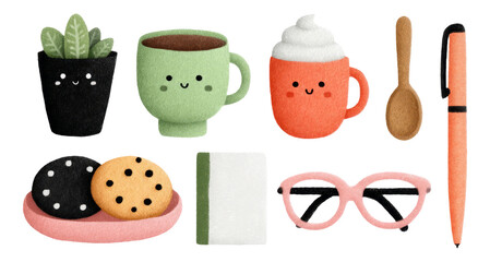 Cute Isolated Objects with Happy Faces for Child-Friendly Art Collection