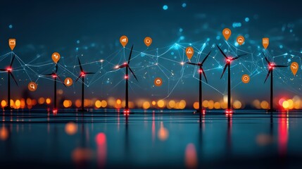 Innovative wind energy solutions coastal region technology showcase digital environment aerial view renewable energy concept