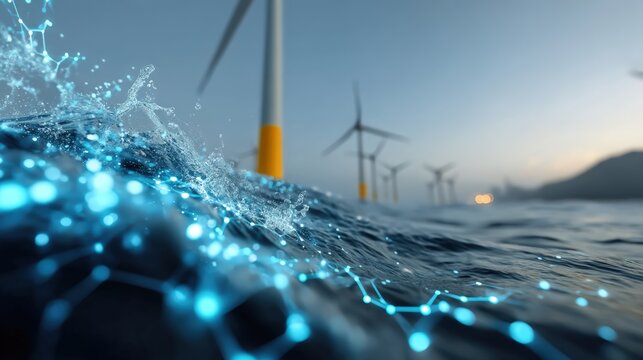 Innovative offshore wind energy generation marine environment digital art coastal waters aerial view sustainable technology