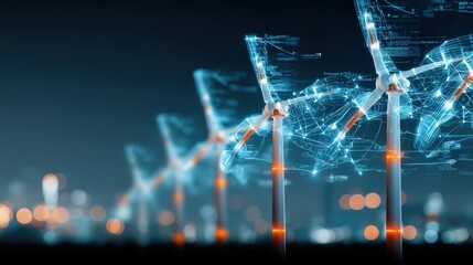 Innovative wind energy revolution urban landscape digital technology visualization nighttime environment futuristic viewpoint