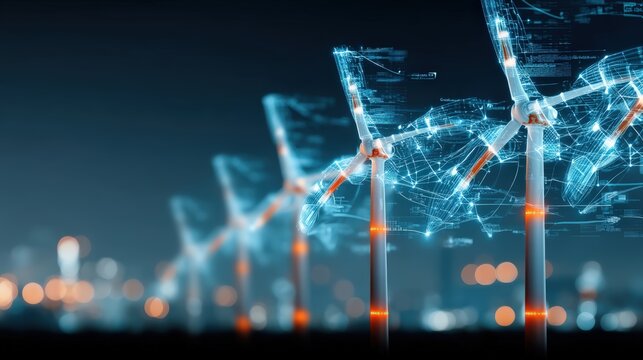 Innovative wind energy revolution urban landscape digital technology visualization nighttime environment futuristic viewpoint