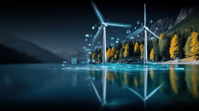 Innovative renewable energy solutions scenic lake location digital art representation energetic environment aerial viewpoint sustainability concept - Powered by Adobe