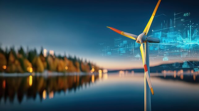 Renewable energy innovation wind turbine technology on serene lake digital data visualization evening atmosphere futuristic outlook