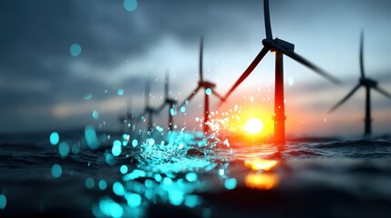 Wind turbines generating clean energy at sunset over calm waters nature scene aerial perspective renewable energy concept