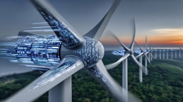 Revolutionary wind energy turbines renewable energy field digital technology vibrant sunset aerial perspective future of sustainable power