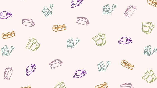 Colorful Seamless Pattern with Travel Accessories, Tickets, and Music Player Icons