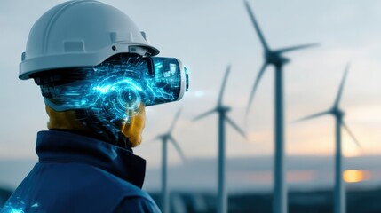 Wind energy innovation engineer using augmented reality renewable energy farm digital technology outdoor perspective