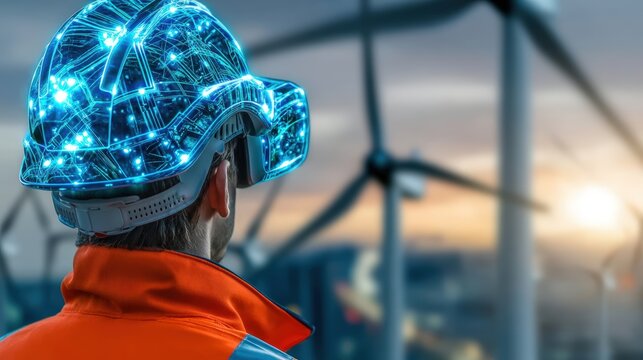 Innovative worker utilizing smart helmet at wind farm renewable energy site digital art sunset futuristic technology