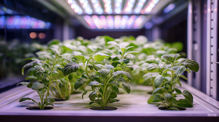 Growing hydroponic plants indoors under led lights vertical farming tech