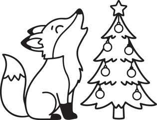 Cute Fox and Christmas Tree Line Art Illustration, Festive Winter Holiday Animal and Decorated Fir Tree Outline.