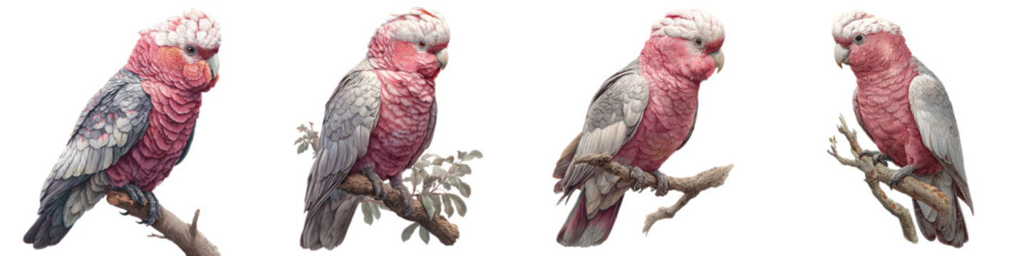 Delightful Galah Cockatoos Perched on Branches: A Charming Australian Wildlife Illustration, Perfect for Nature-Themed Projects and Educational Resources