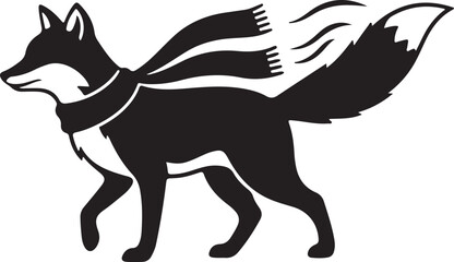 Stylish Fox with Flowing Scarf - Dynamic Black and White Illustration of a Winter Animal in Motion, ideal for logos or graphic design concepts
