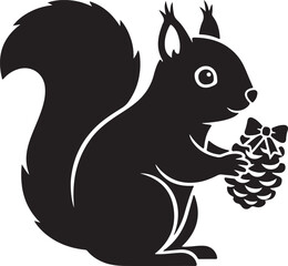 Black Squirrel Silhouette Holding a Festive Pine Cone with a Bow, Woodland Animal Icon or Mascot for Holiday and Winter Designs.