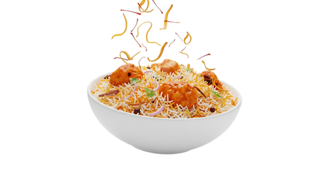 Bowl of biryani with meat on transparent background isolated on background