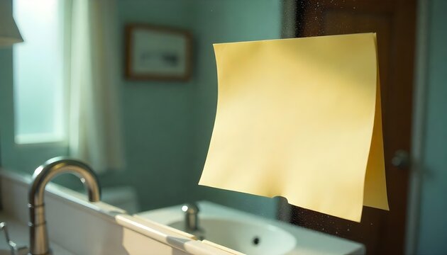 Sticky note in yellow on a bathroom mirror, featuring motivational goals and planning tips for enhanced productivity