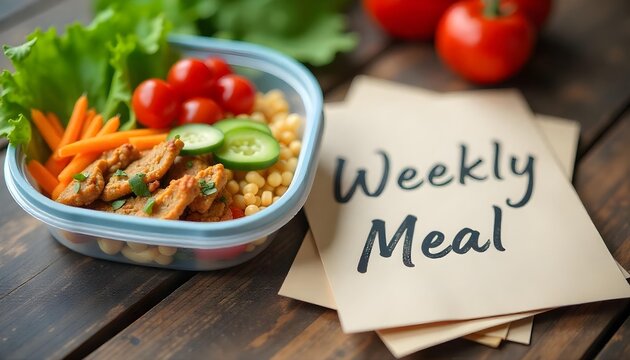 A cutting board featuring a weekly meal, emphasizing vision board concepts and action plans for healthy living