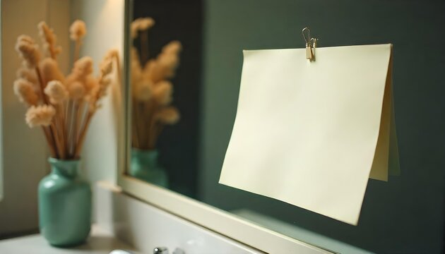 A yellow sticky note on a bathroom mirror, serving as a reminder for resolutions, planning, and motivation for action