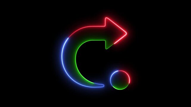 Green Blue Red Neon Undo Arrow and Circle Icon on Black Background redo refresh