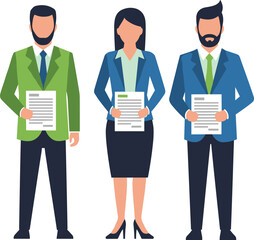 Business team illustration holding documents, office professionals, corporate presentation, teamwork and management concept, leadership and communication in workplace