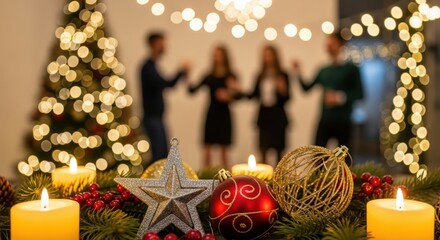 A festive corporate party scene with a decorated Christmas tree, candles, and ornaments. People socialize in the background, celebrating the holiday season.