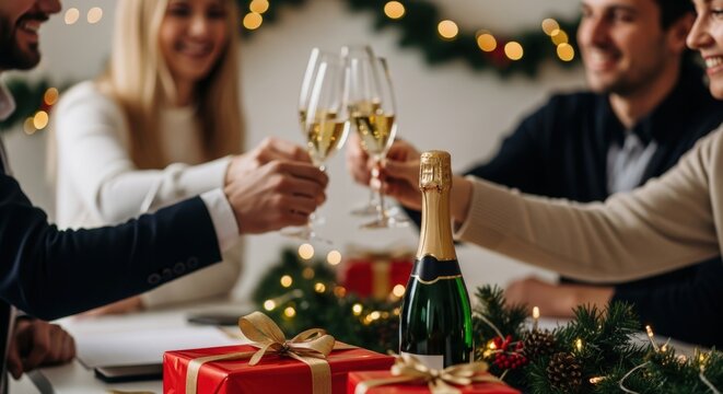 A group of four diverse people celebrating with champagne glasses at a festive table. Christmas decorations and gift boxes are visible in the background. - Powered by Adobe