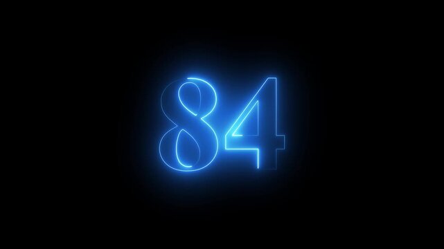 Abstract glowing Neon 84 number educational mathematics text icon animation on black background. a dynamic motion and glowing neon number countdown icon animation.	