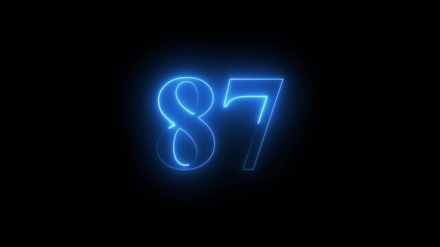 Abstract glowing Neon 87 number educational mathematics text icon animation on black background. a dynamic motion and glowing neon number countdown icon animation.	