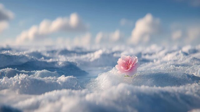 雪原に咲くピンク色の一輪の花のイメージ風景