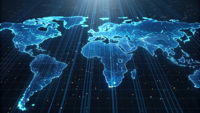A futuristic digital representation of a world map, highlighting geographic features with a glowing blue grid overlay.
