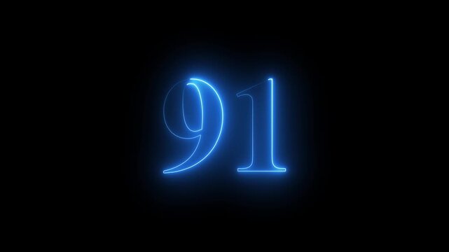 Abstract glowing Neon 91 number educational mathematics text icon animation on black background. a dynamic motion and glowing neon number countdown icon animation.	