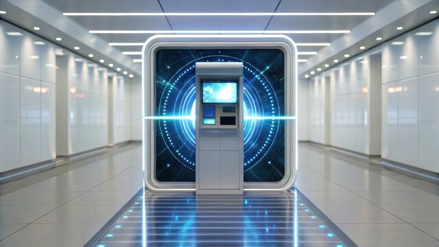 A futuristic ATM in a sleek, modern hallway, featuring glowing blue graphics and a minimalist design. - Powered by Adobe
