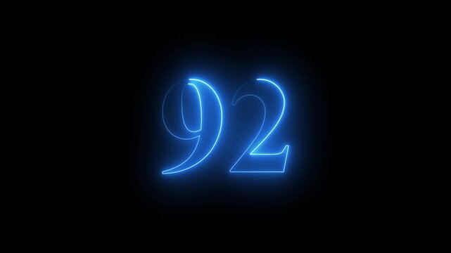 Abstract glowing Neon 92 number educational mathematics text icon animation on black background. a dynamic motion and glowing neon number countdown icon animation.	