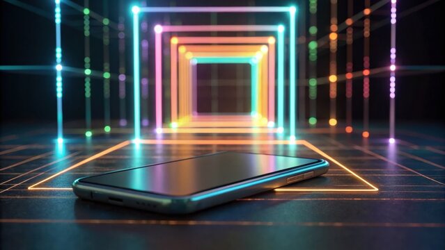 A sleek smartphone rests on a surface, illuminated by colorful, glowing geometric patterns in the background, creating a futuristic tech vibe.