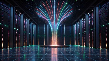 A futuristic data center with vibrant light streams, showcasing advanced technology and digital connectivity in a sleek, modern environment.