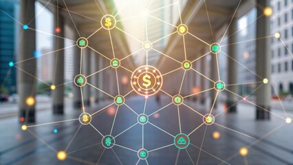 A digital network visualization with financial symbols, representing connectivity and modern finance amidst an urban landscape.