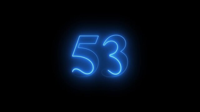 Abstract glowing Neon 53 number educational mathematics text icon animation on black background. a dynamic motion and glowing neon number countdown icon animation.	