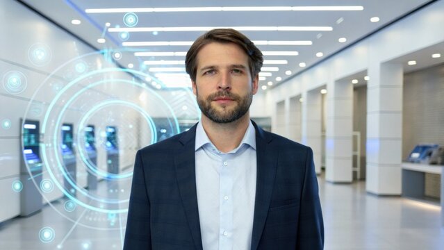 A professional man stands in a modern, high-tech environment, featuring digital elements and ATM machines in a spacious, well-lit area.