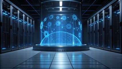 A futuristic data center featuring illuminated servers and a holographic display of interconnected nodes.