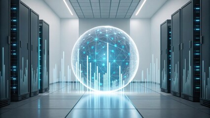 A futuristic data center featuring a glowing sphere with network connections, surrounded by server racks and visual data analytics.