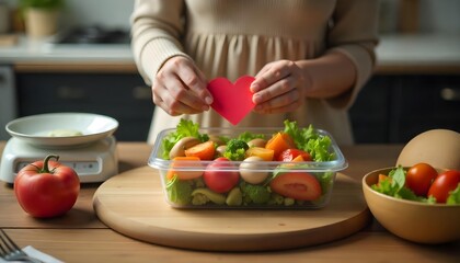 Woman with a heart-shaped paper stands before a fresh salad, highlighting her focus on fitness and a healthy lifestyle