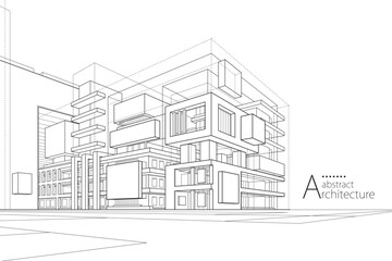 3D abstract urban architecture outlined in black and white, showcasing imaginative construction and perspective.