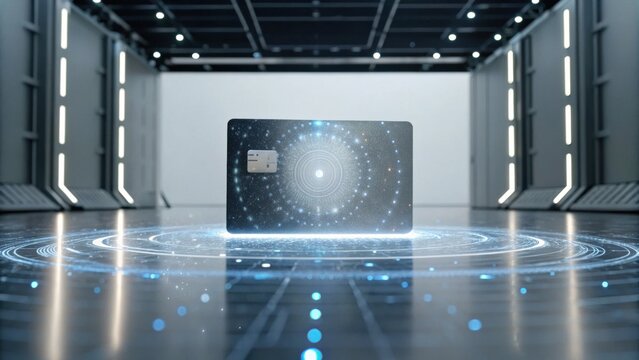 A futuristic scene featuring a glowing card surrounded by a mesmerizing light pattern in a sleek, high-tech environment.