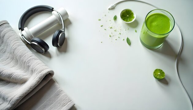 A pair of headphones, a green cup, and a towel on a fitness background, emphasizing a healthy lifestyle and workout gear