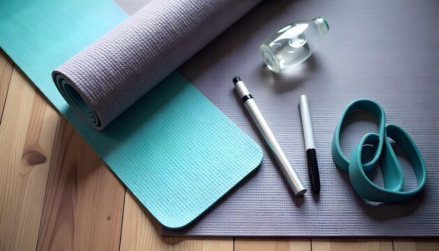 A yoga mat, water bottle, and notebook arranged on a table, symbolizing fitness and a healthy lifestyle
