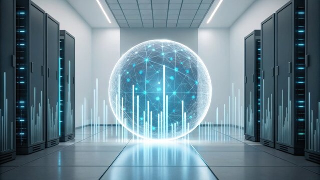 A futuristic data center featuring a glowing sphere with network connections, surrounded by server racks and visual data analytics.