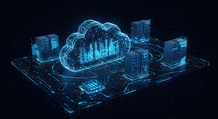 Futuristic cloud computing concept with glowing nodes and server racks, symbolizing data storage, network infrastructure, and digital transformation in a hightech environment