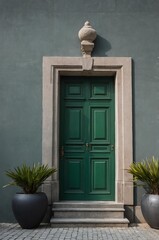 Fototapeta premium Portrait of green door on gray wall background, beautiful architecture aesthetic concept