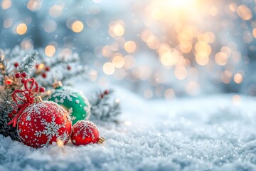Festive red and green Christmas ornaments on snow with twinkling bokeh lights, creating a magical winter holiday atmosphere.