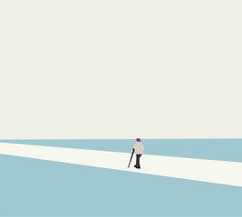 Obraz premium Old man with walking cane on minimal modern pathway in public park. Outdoor lifestyle retirement.