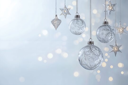 Minimalist silver Christmas ornaments and stars hanging on soft bokeh background, symbolizing elegance and winter celebration